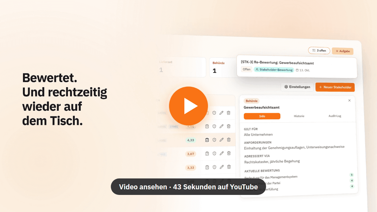 Folge 1 von „Der Auditor fragt“ auf YouTube: Liste der interessierten Parteien in IMScollect mit Bewertung des Gewerbeaufsichtsamts und automatisch erzeugter Aufgabe zur Re-Bewertung