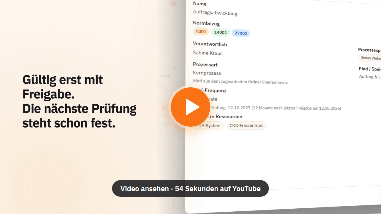 Folge 2 von „Der Auditor fragt“ auf YouTube: Prozess „Auftragsabwicklung“ in IMScollect mit Verantwortlicher, Kernprozess, genutzten Ressourcen und dem Termin der nächsten Prüfung nach der Freigabe